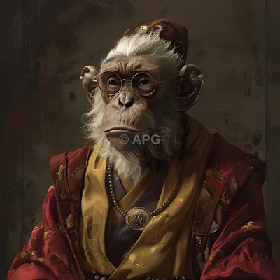 Porträt eines weisen Affen in traditioneller Robe mit Brille